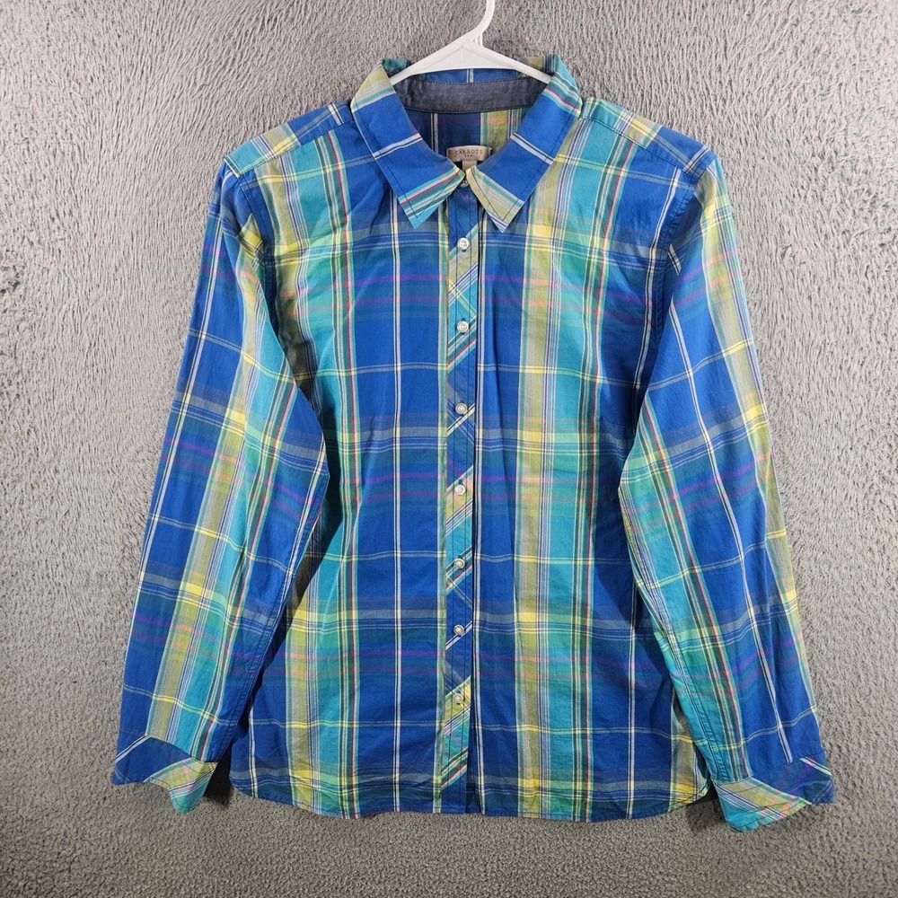 Talbots Womens Blue Green Plaid Cotton Roll Tab Long Sleeve Button Down Shirt L